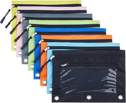 3 Ring Pencil Pouch, Binder Pencil Pouch with Zipper and Mesh Window,8Pack 8Colors