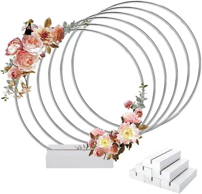 6 Pack 8 Inch Metal Floral Hoop Centerpiece with 6 Pack Wooden Stand for Table, Gold Metal Rings for Making Wedding Table Wreath Decor, Wall Hanging Wreaths and Dream Catcher Crafts