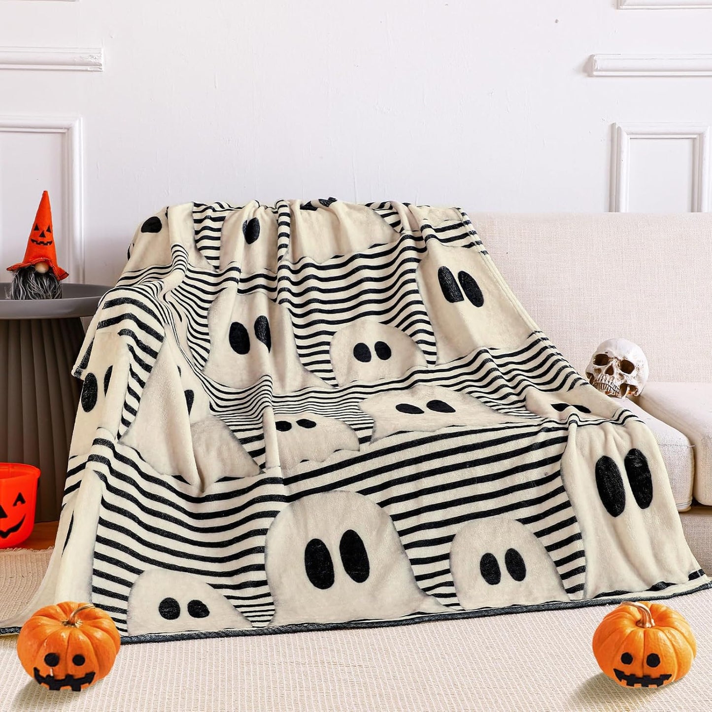 Halloween Throw Blanket Cute Rustic Ghost Flannel Blanket Farmhouse Spooky Blanket Soft Black White Striped Blanket Retro Halloween Decoration for Sofa Bed Holiday Party Gifts,50"X60"