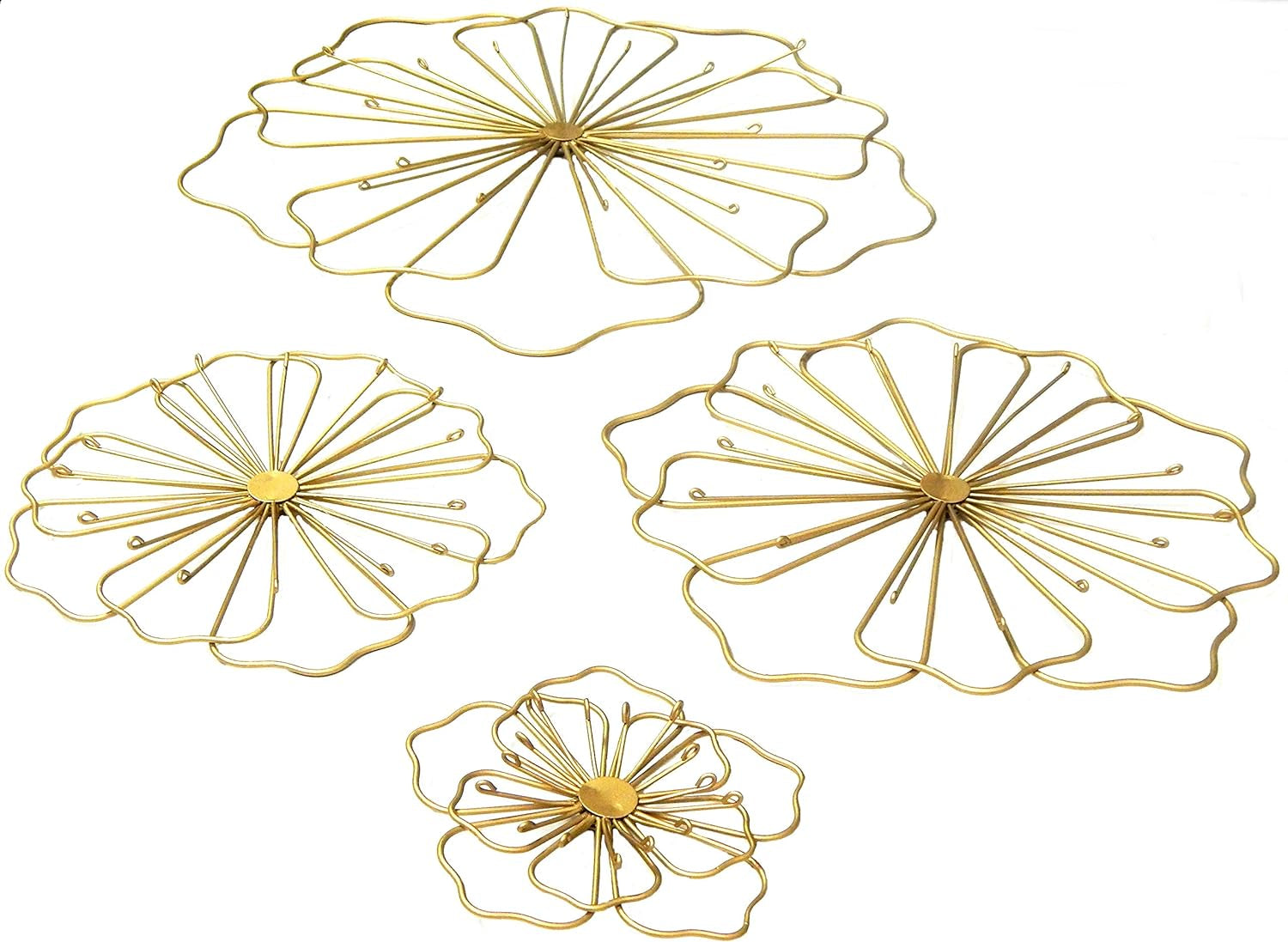 23271 Flower Metal Wall Art 3D Contemporary Modern Abstract Large Decorative Minimalist Sculpture Living Room Boho Home Decor Outdoor Garden Patio Farmhouse Ranch Set of 4 Light Gold