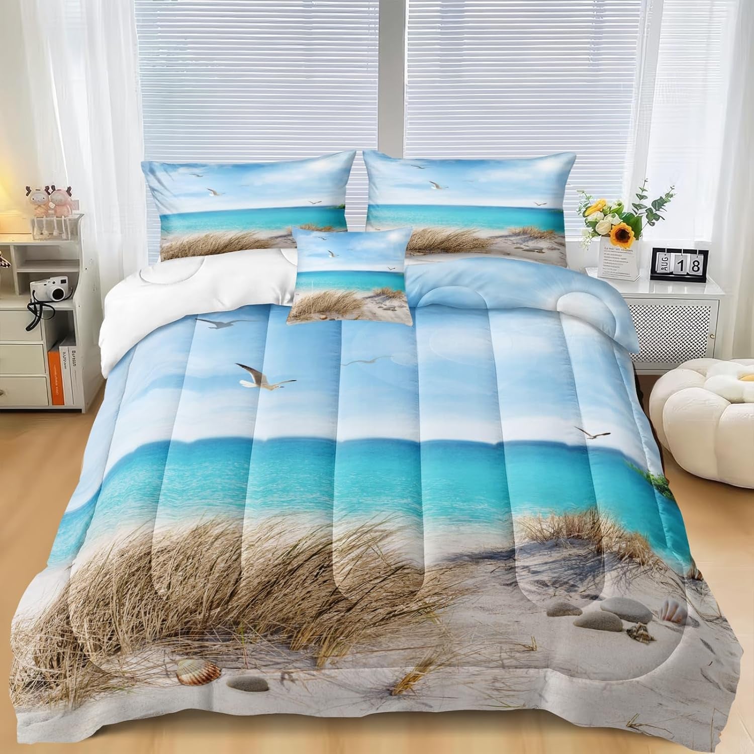 Blue Ocean Bedding Set Beach Themed Comforter Set Queen Size 4 Pcs White Seagull and Seaside Rocks Seascape Pattern Blue Island Scenery Coastal Bedding Set Ocean Beach Bedding Set