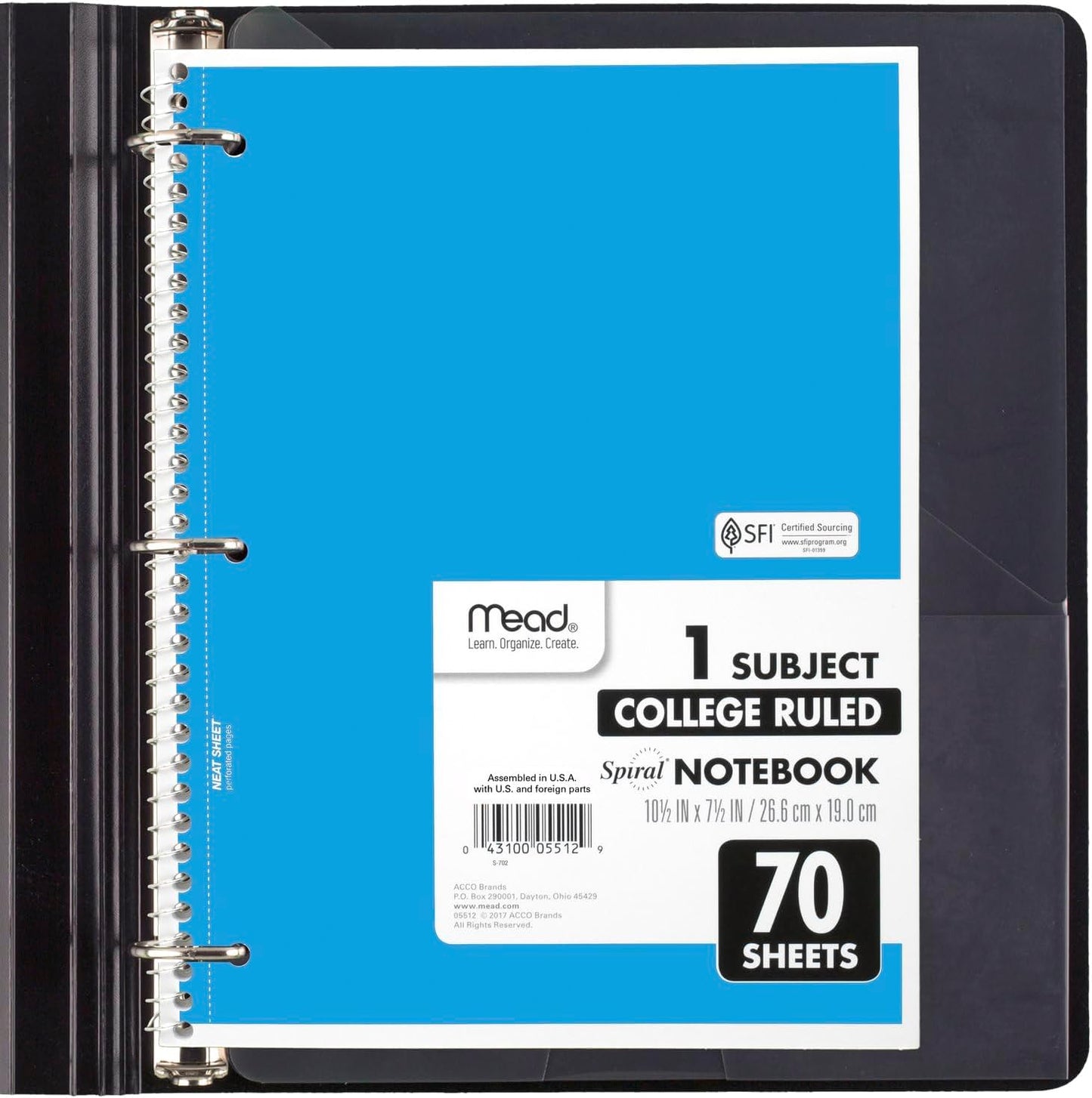 Spiral Notebooks, 6 Pack, 1-Subject, College Ruled Paper, 8" X 10-1/2", 70 Sheets, Assorted Bright Colors (830050-ECM)