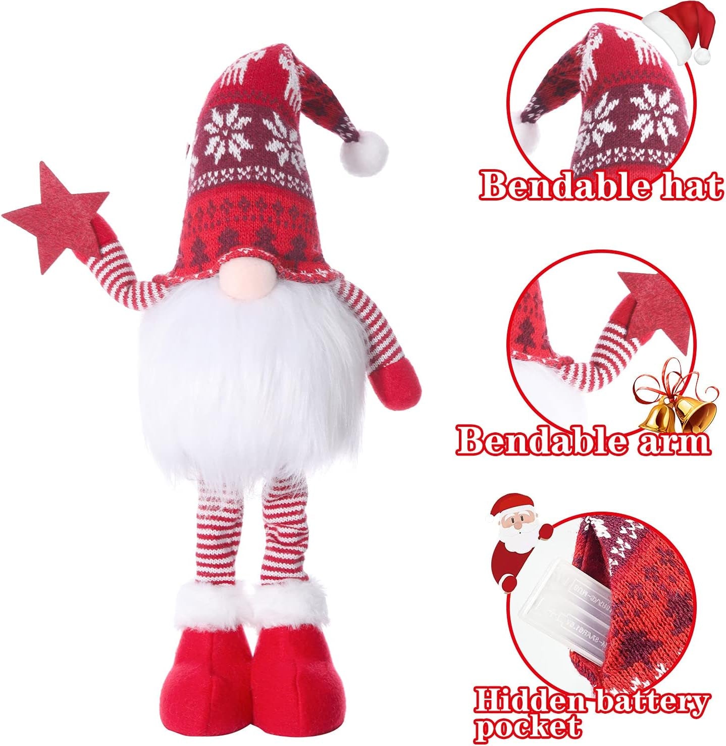 2Pcs 24.8 Inch Large Size Lighted Standing Christmas Gnomes Decorations with Retractable Spring Legs Light up Christmas Knome Gift Winter Tabletop Christmas Decorations