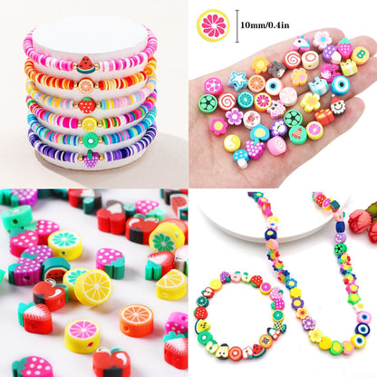 1000PCS Polymer Clay Beads Bracelet Making Kit, 24 Style Cute Fun Beads Fruit Flower Animal Cake Butterfly Heart Beads Charms for Jewelry Necklace Earring Making DIY Accessories for Women Girls