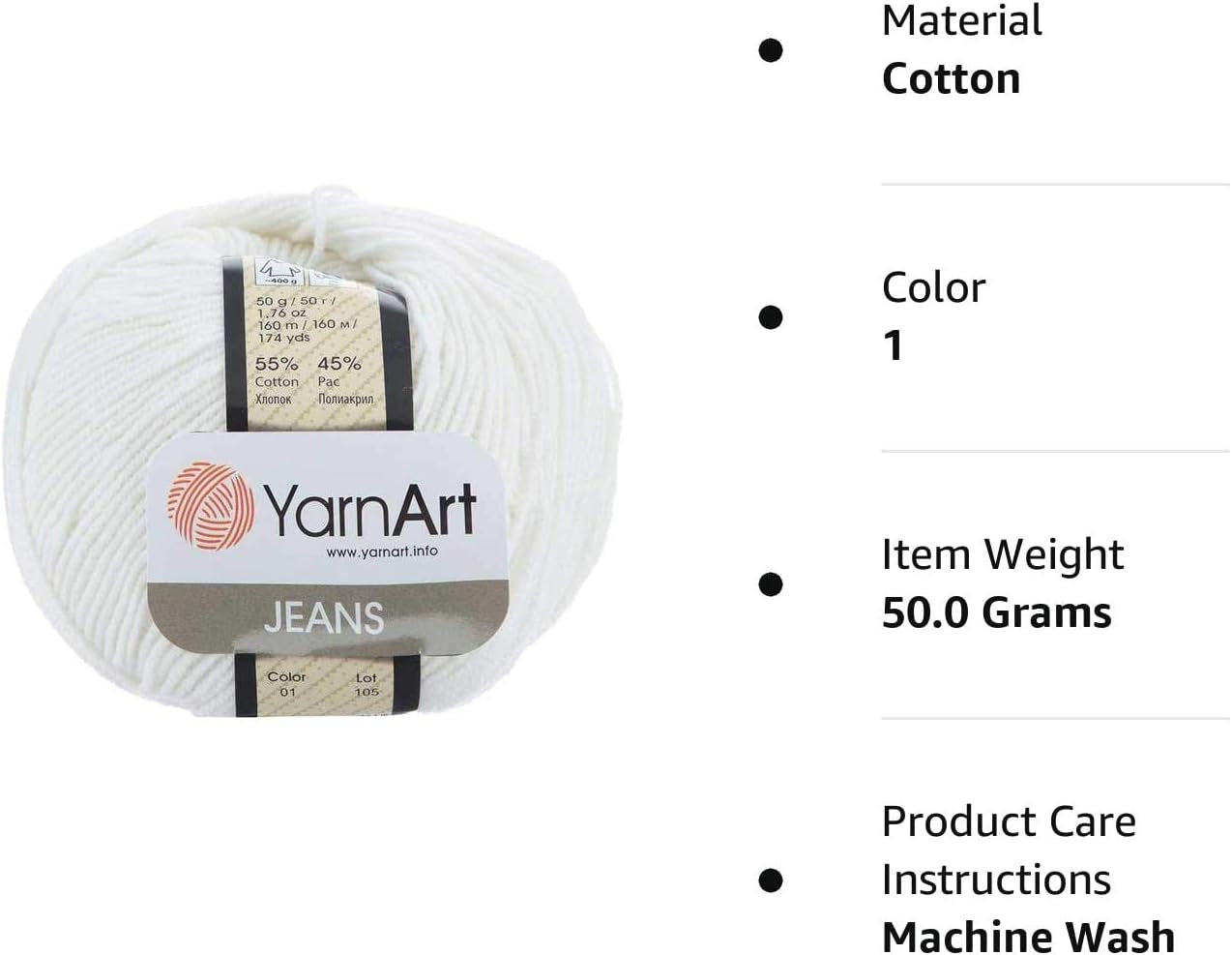 55% Cotton 45% Acrylic  Jeans Sport Yarn 1 Skein/Ball 50 Gr 174 Yds (1)