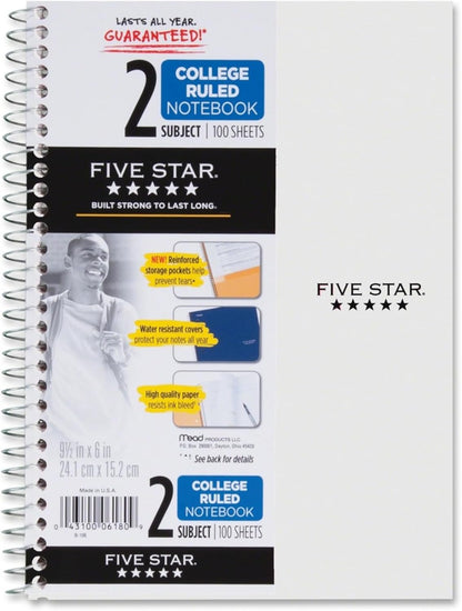 Spiral Notebook, 2 Subject, College Ruled Paper, 100 Sheets, 9-1/2" X 6", Color Selected for You, 1 Count (06180)
