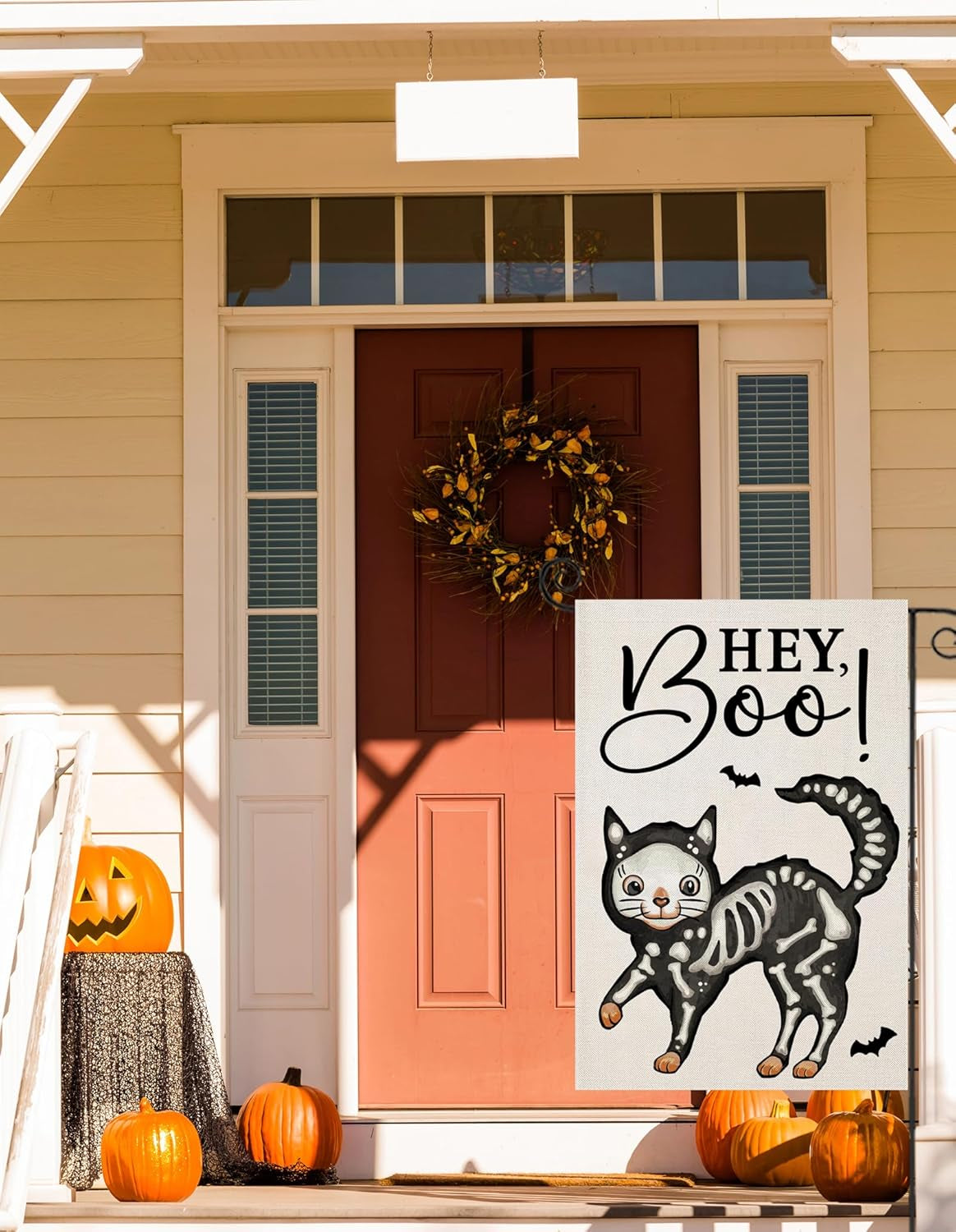 Halloween Garden Flags for outside Decoration, Spooky Boo HEY Skeleton Cat Small Yard Flag for Outdoor Seasonal Decor 12X18 Inch Vertical Double Sided