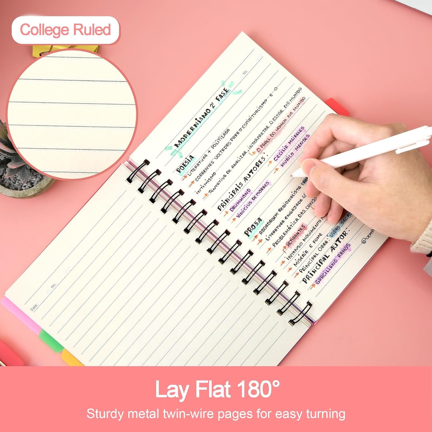 5 Subject Notebooks College Ruled Spiral Notebook 5X7 Hardcover Notebook with Divider Tabs 220 Pages Small Notebook for Work A5 Pink Spiral Notebook College Ruled Notebook for Note Taking School