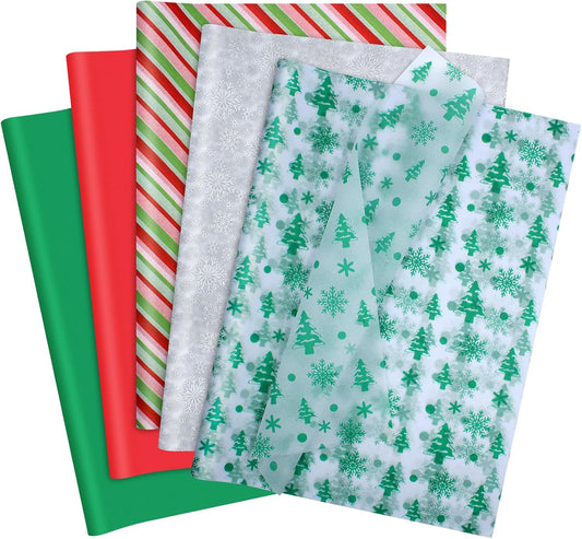 Christmas Tissue Paper 80 Sheets Red Green Stripe Snowflake Xmas Tree Design Gift Wrapping Tissue Paper Bulk 14X20 Inch Colorful Xmas Tissue Paper for Christmas Holiday New Year Party Decor