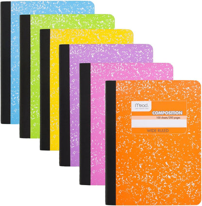 Composition Notebooks, 6 Pack, Wide Ruled Paper, 7-1/2" X 9-3/4", 100 Sheets, Assorted Bright Colors (950054-ECM)