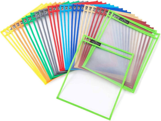 Pack of 30 Dry Erase Pockets with Ring, Size 10X13 Inches, Dry Erase Pocket Sleeves, Teacher Supplies, Organization for Classroom, Reusable Dry Erase Sheets Ticket Holder Pockets