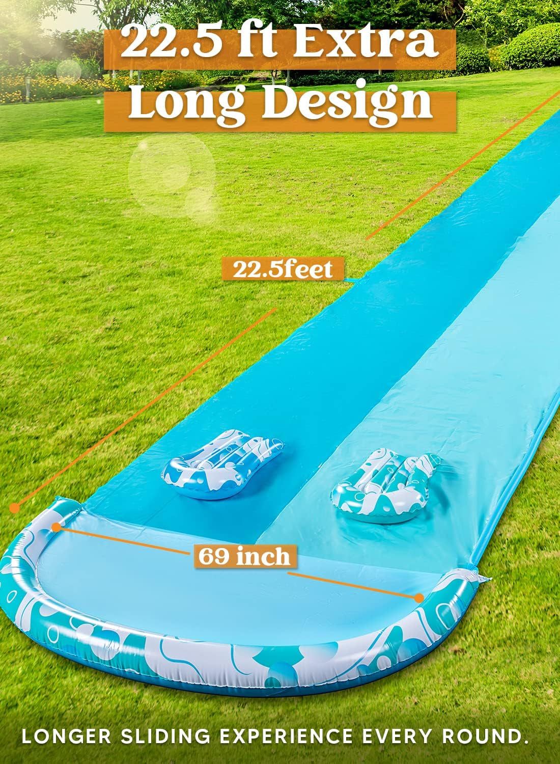 22.5Ft Double Water Slide, Heavy Duty Lawn Water Slide with Sprinkler and 2 Slip Inflatable Boards for Summer Yard Lawn Outdoor Water Play Activities,Light Blue