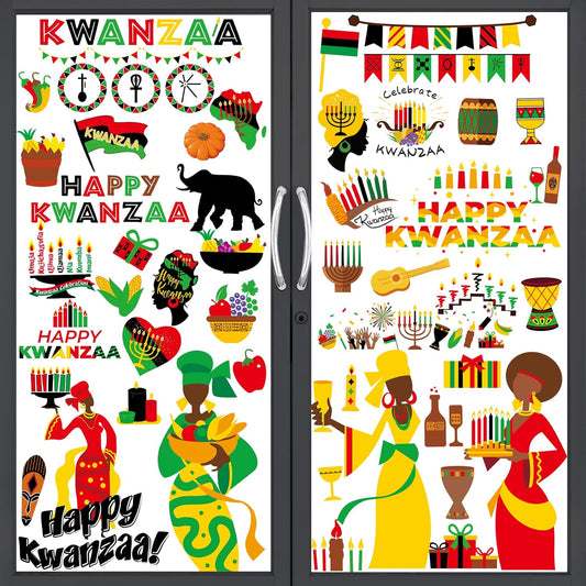 100PCS Kwanzaa Window Clings for Glass Window, 6 Sheets Double-Sided Kwanzaa Kinara Candles Window Stickers Decals, Reusable Kwanzaa Decorations for Home Office Classroom Party Decor Indoor