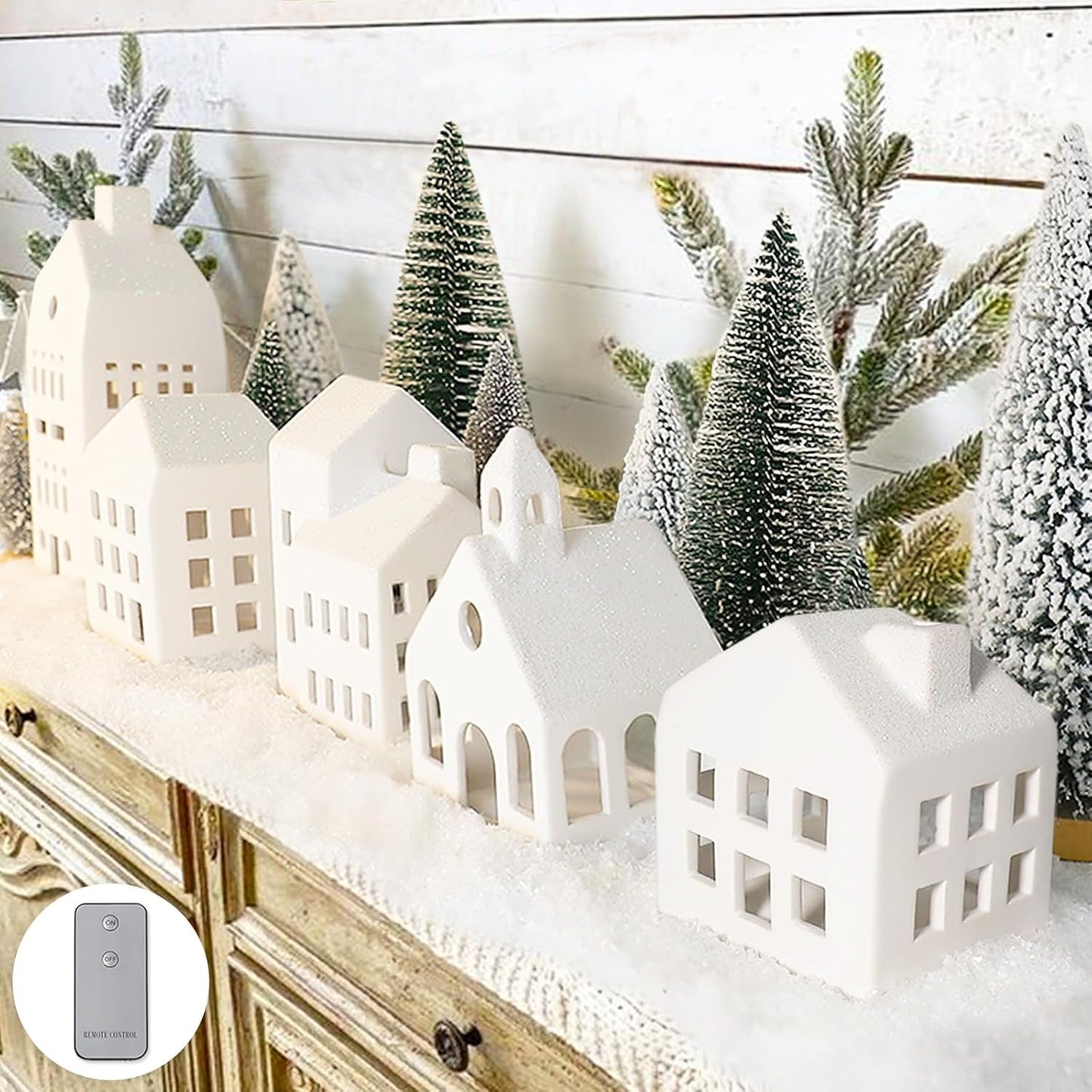 Christmas Decorations - Christmas Decorations Indoor - Christmas Village Sets of 5 Lighted Ceramic Houses with Remote Control & 9 Trees - White Xmas Holiday Farmhouse Rustic Decor for Home Table Room