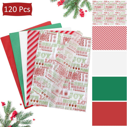 Christmas Tissue Paper Bulk, 120 Sheets Christmas Tissue Paper for Gift Bags Assorted Design Gift Wrapping Paper, Red Green White Tissue Paper for Xmas Decor Holiday Crafts (Letters)