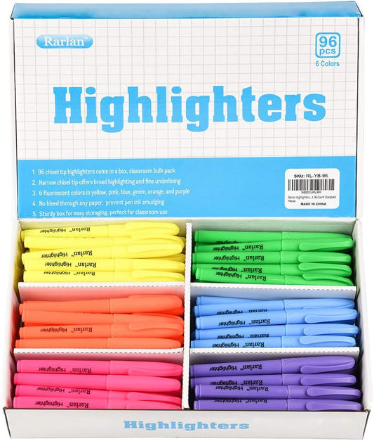 Highlighters, Chisel Tip, Assorted Fluorescent, 96 Count Bulk Pack