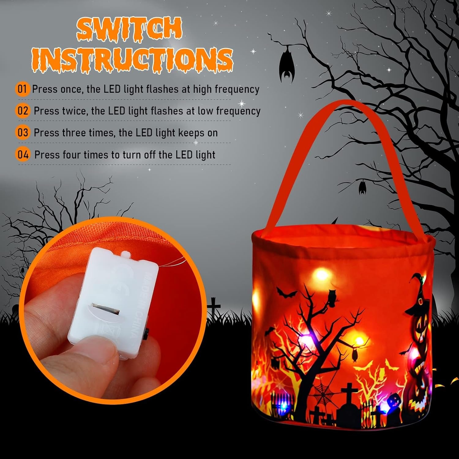 Halloween Trick or Treat Candy Bags LED Light up Pumpkin Bucket, Collapsible Reusable Candy Basket, Fabric Tote Gift Goody Bags for Kids Halloween Party (Orange-Led)