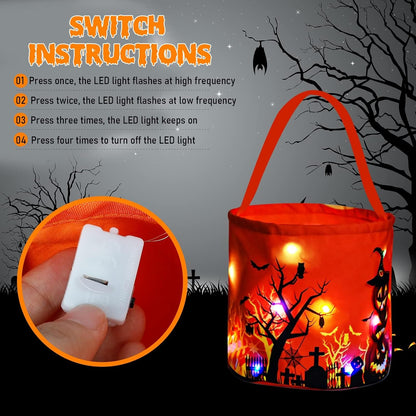 Halloween Trick or Treat Candy Bags LED Light up Pumpkin Bucket, Collapsible Reusable Candy Basket, Fabric Tote Gift Goody Bags for Kids Halloween Party (Black-Led)