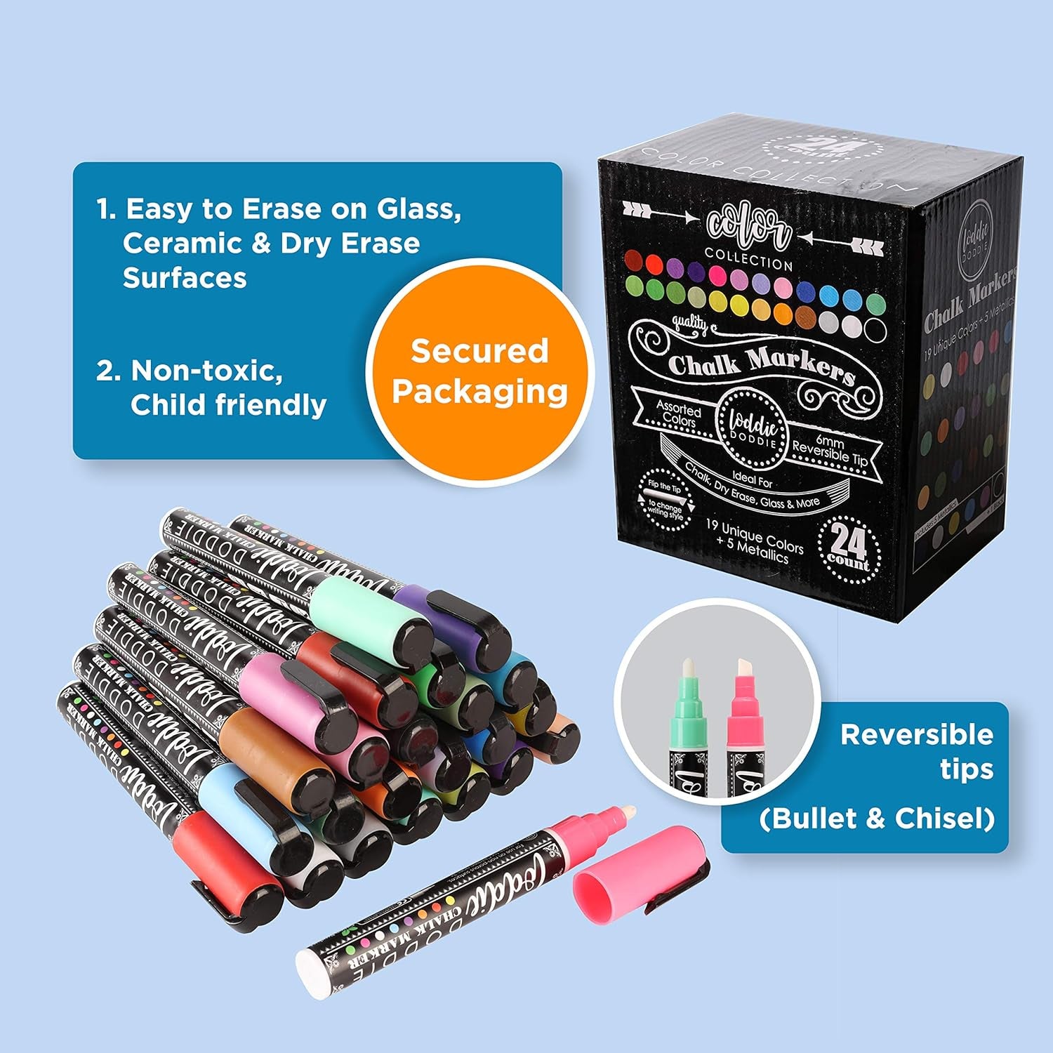 Liquid Chalk Markers | Dust Free Chalk Pens - Perfect for Chalkboards, Blackboards, Windows and Glass | 6Mm Reversible Bullet & Chisel Tip Erasable Ink (Pack of 24)