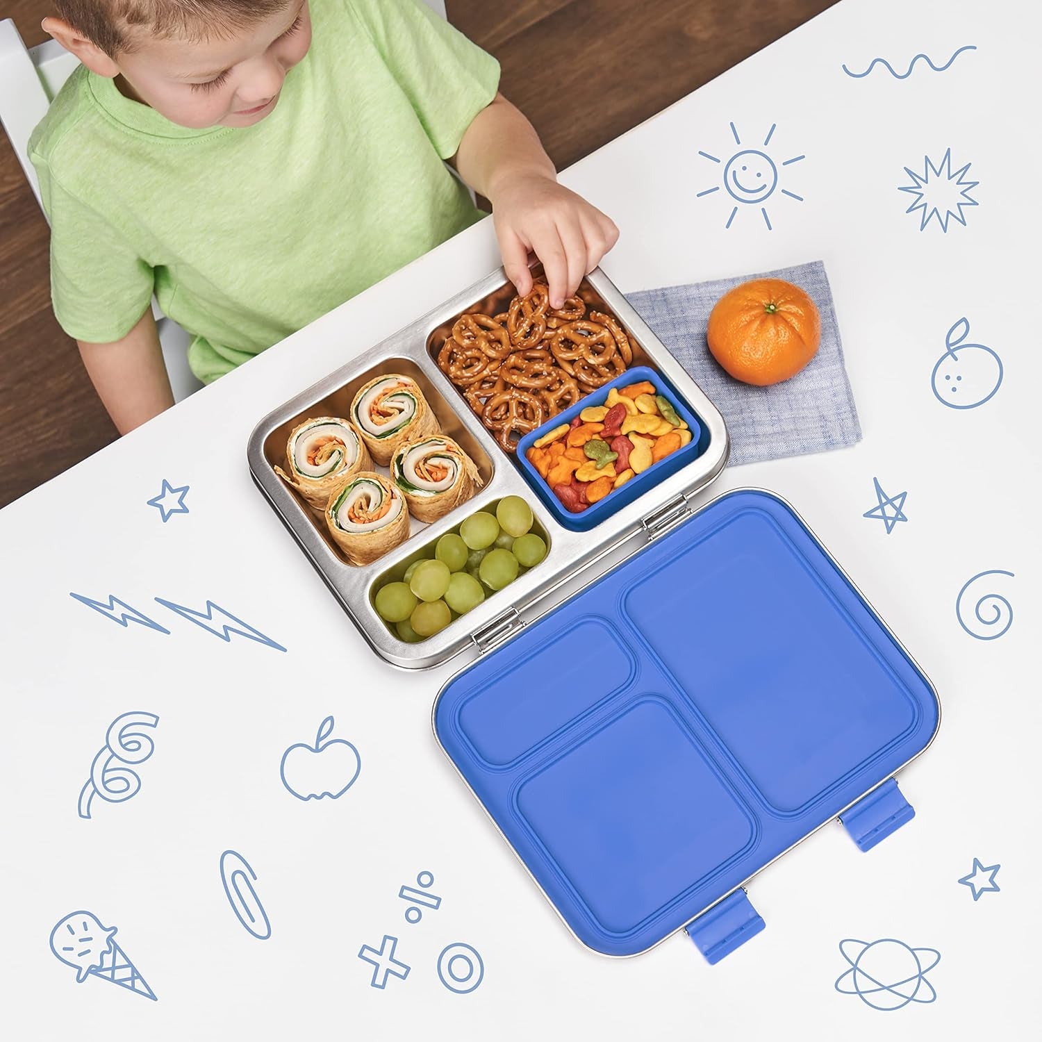 ® Kids Stainless Steel Leak-Resistant Lunch Box - Bento-Style Redesigned in 2022 W/Upgraded Latches, 3 Compartments, & Extra Container - Eco-Friendly, Dishwasher Safe, Patented Design (Blue)