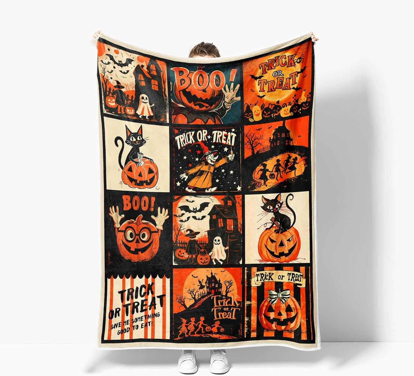 Halloween Throw Blanket, Fall Autumn Halloween Chic Treat or Trick Candy Gift for Kids Cozy Bed Couch Blanket, Soft Comfy Fleece Flannel Throws Blankets Livingroom Bedroom Decor