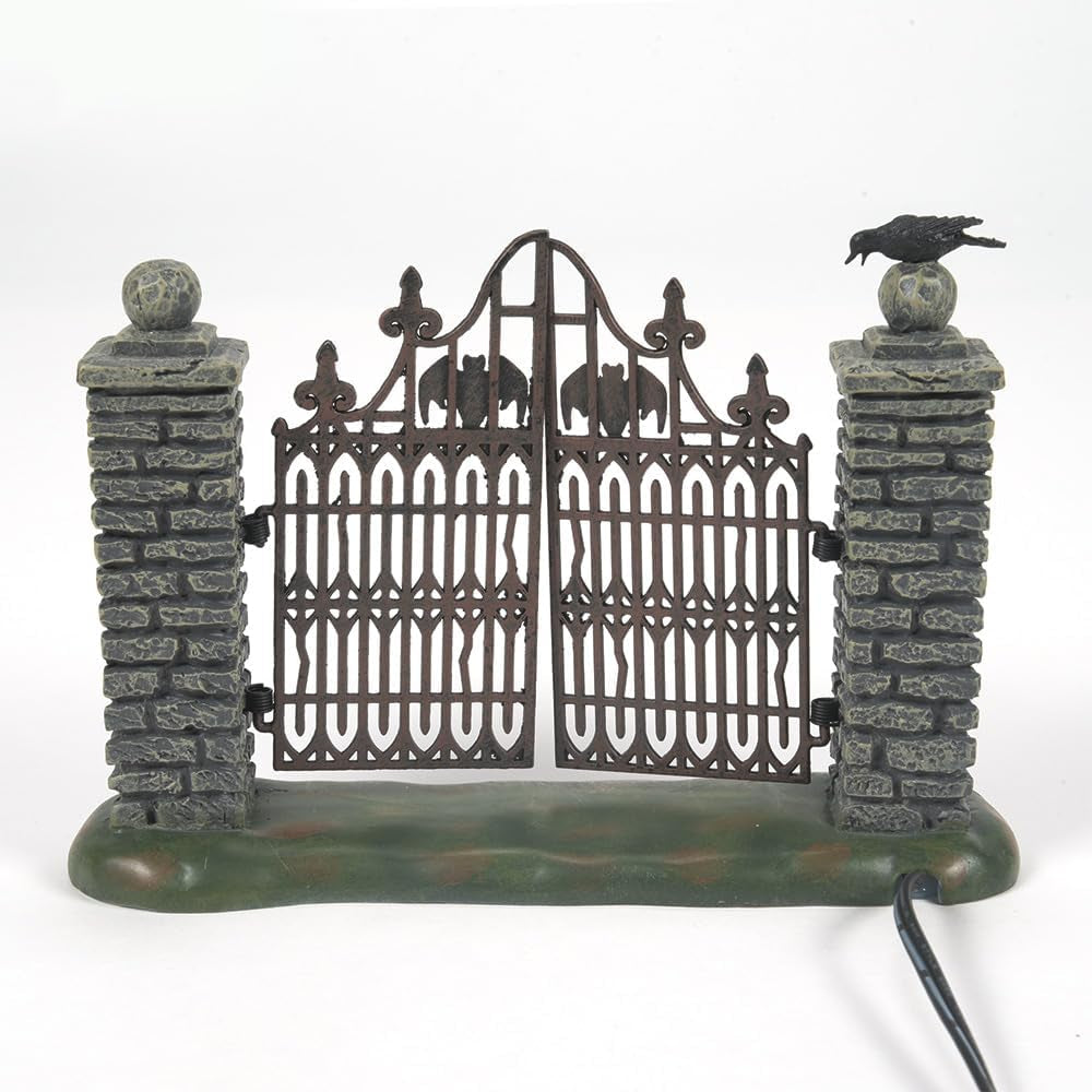 Halloween Accessories for Village Collections Miniature Spooky Wrought Iron Gate Lit Figurine, 4.53-Inch, Multicolor