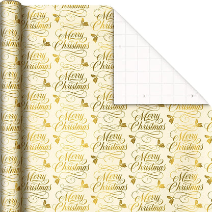 Foil Christmas Wrapping Paper with Cut Lines on Reverse (3 Rolls: 60 Sq. Ft. Ttl) Classic Santa Claus, Gold Merry Christmas, Green Plaid with Gold Trees