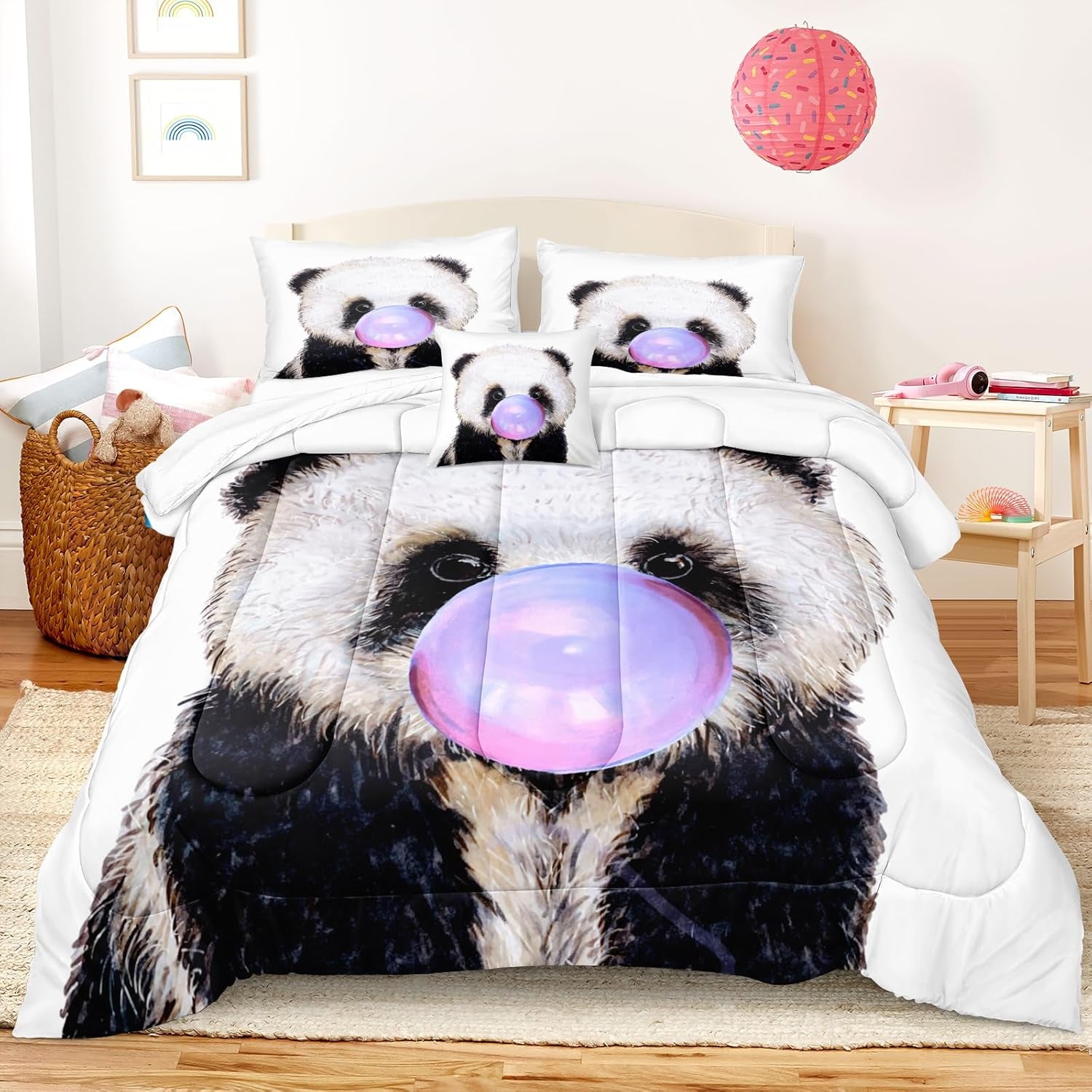 Panda Comforter Set Queen Size Kids Bedding Set 4 Pcs Purple Bubble Panda Bedding Sets for Kids Girls Boys and Child Black White Panda Cub down Comforter Set Cute Animal Kids Bedroom Decor