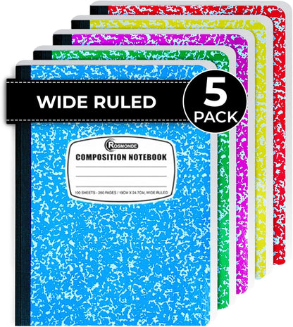 Composition Notebook Wide Ruled 5 Pack, 200 Pages (00 Sheets), 9-3/4 X 7-/2, Back to School Supplies, Notebooks for School, Office Supplies, Notebooks for Work, the Notebook for Note Taking