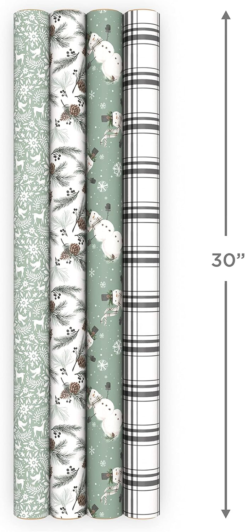 Recyclable Neutral Christmas Wrapping Paper (4 Rolls: 100 Sq. Ft. Ttl) White and Sage Green Evergreen Pinecones, Rustic Snowmen, Plaid, Nordic Deer and Foliage