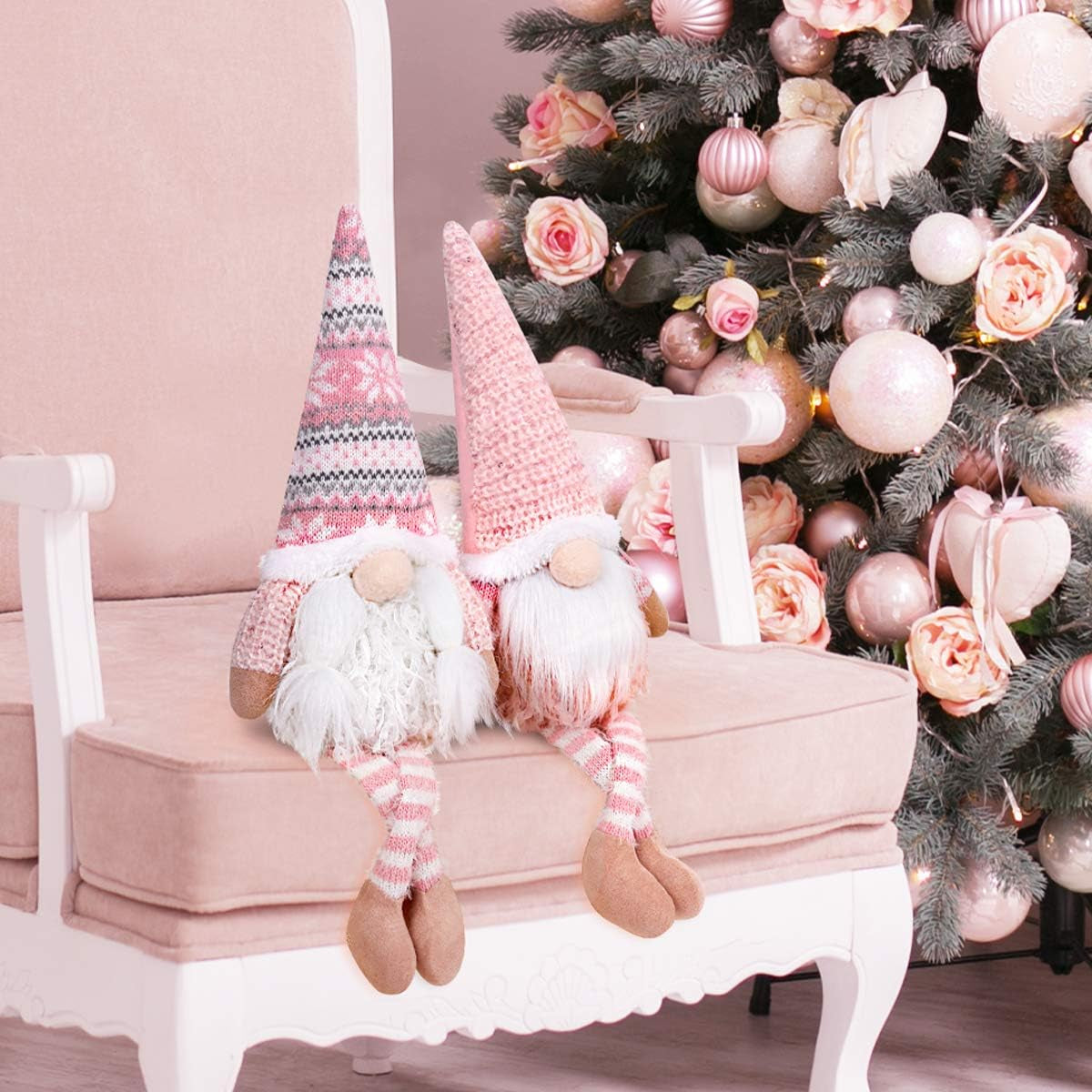 Pink Christmas Valentine Gnomes Decorations, 2Pack Handmade Swedish Tomte Gnome with LED Lighting Nose Scandinavian Figurine Pink Gnomes Plush Elf Valentines Day Decor Long Leg