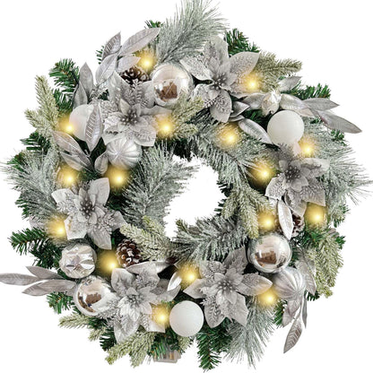 Pre-Lit 24 Inch Lighted Christmas Wreath for Front Door Decor with Silver White Christmas Ball Ornaments and Poinsettia Flowers,Battery Operated 30 LED Lights