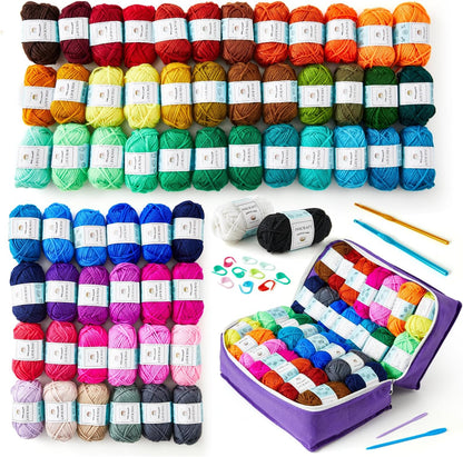 62 Acrylic Yarn Skeins, 2170 Yards Yarn for Knitting and Crochet, Includes 2 Crochet Hooks,2 Weaving Needles,10 Stitch Markers, Perfect Crochet Beginner Kit for for Adults Kids