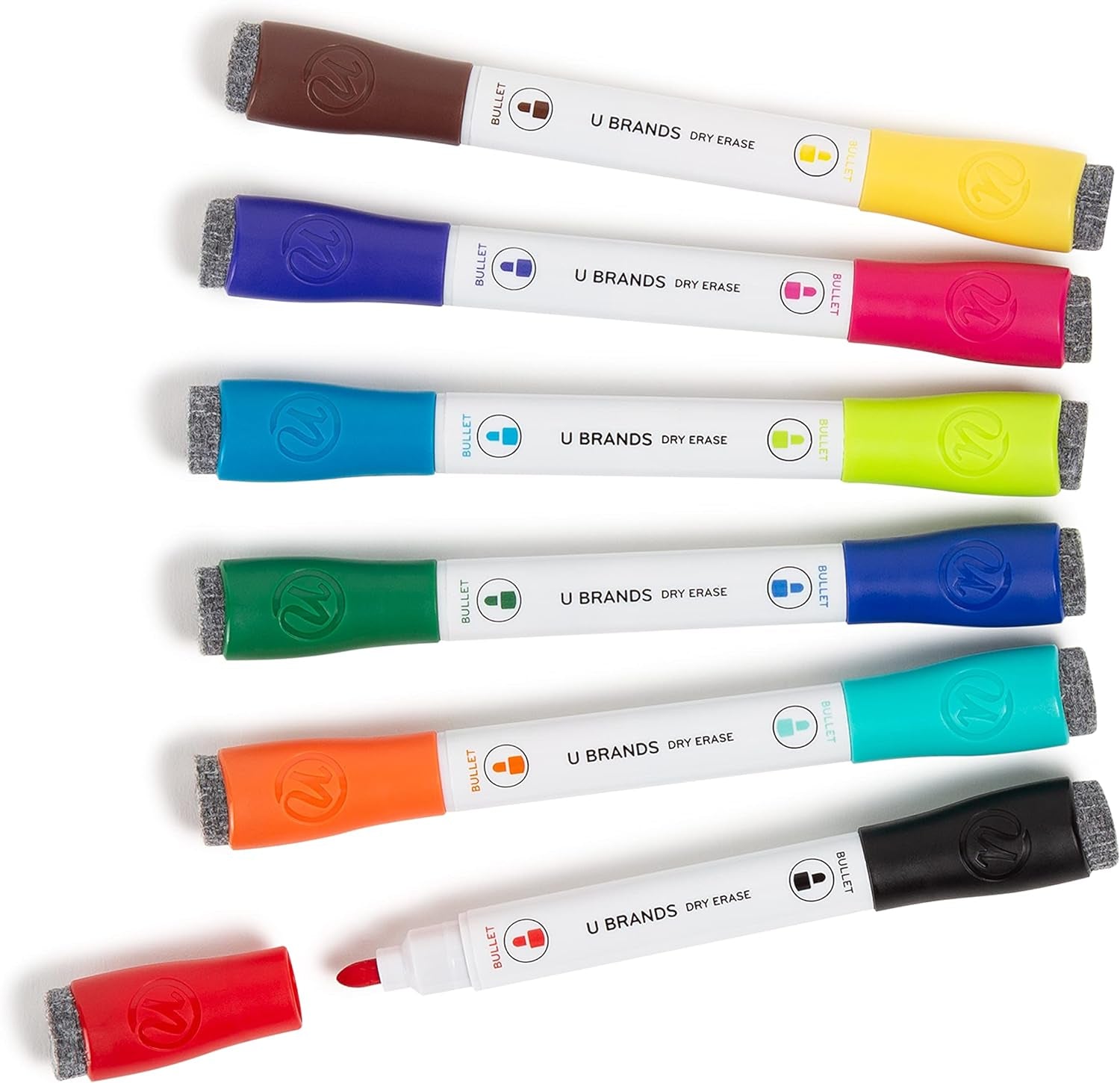 Magnetic Double-Ended Dry Erase Markers with Erasers, Set of 6, Assorted Colors, Low-Odor, Bullet (3 Mm) Point