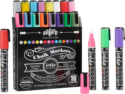 Liquid Chalk Markers | Dust Free Chalk Pens - Perfect for Chalkboards, Blackboards, Windows and Glass | 6Mm Reversible Bullet & Chisel Tip Erasable Ink (Pack of 16)