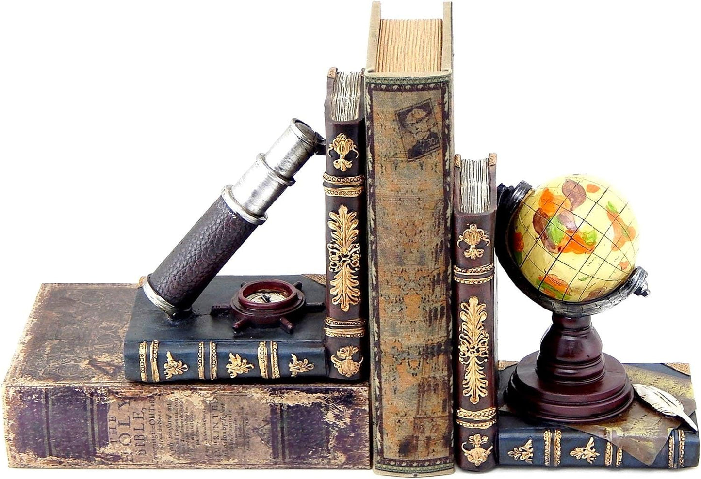26263 Decorative Bookends Vintage Telescope Globe Book Ends Holder Support Antiques Pirate Old World Nautical Farmhouse Country Cottage Home Decor
