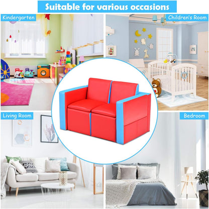 Kids Sofa, 2 in 1 Double Sofa Convert to Table and Two Chairs, Toddler Lounge with Wooden Frame and PVC Surface, Children Boys Girls Couch Armrest Chair Double Seats with Storage Space (Red)