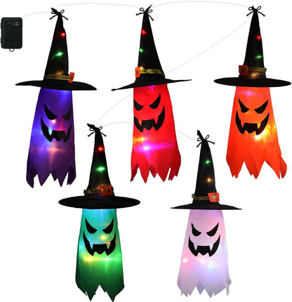 Halloween Decorations Outdoor, Halloween Hanging Light Witch Hats Ghost Decor,String Lights Suitable for Indoor outside Yard Tree Garden Porch Waterproof Halloween Ghost Lights（5Pcs）