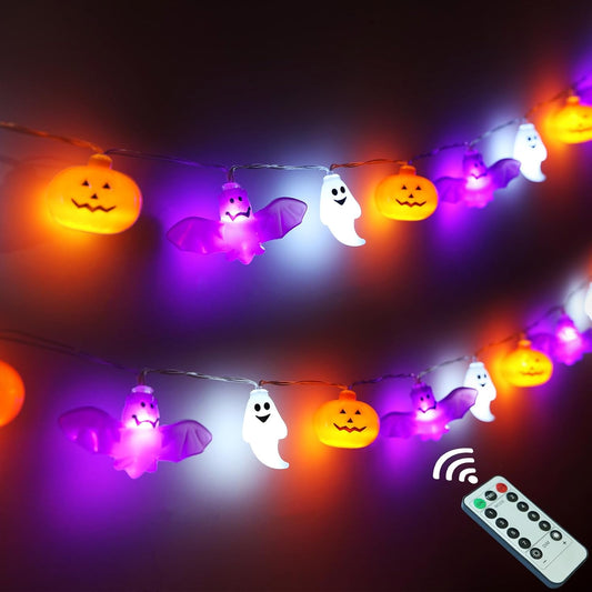 Halloween Lights, 16.4FT 30 LED Pumpkin Bat Ghost Battery Operated Orange and Purple String Lights Strobe 8 Lighting Modes Timer Fairy Indoor Outdoor Window Front Porch Decor Party Decorations