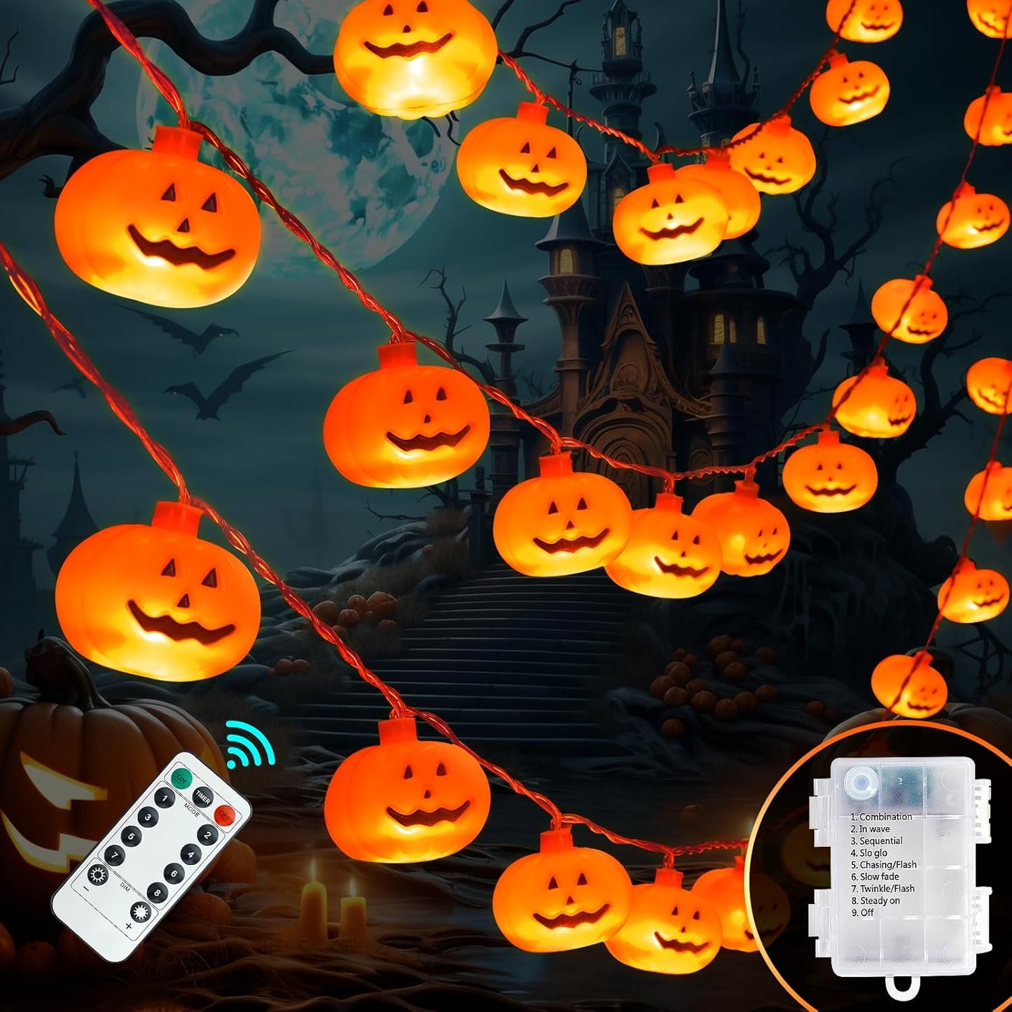 Halloween Lights, 20FT 40 Leds Pumpkin String Lights, Battery Operated 8 Lights Modes Timer 3D Waterproof Pumpkin String Lights for Halloween Decorations, Outdoor Indoor Decor Candy Party Favor