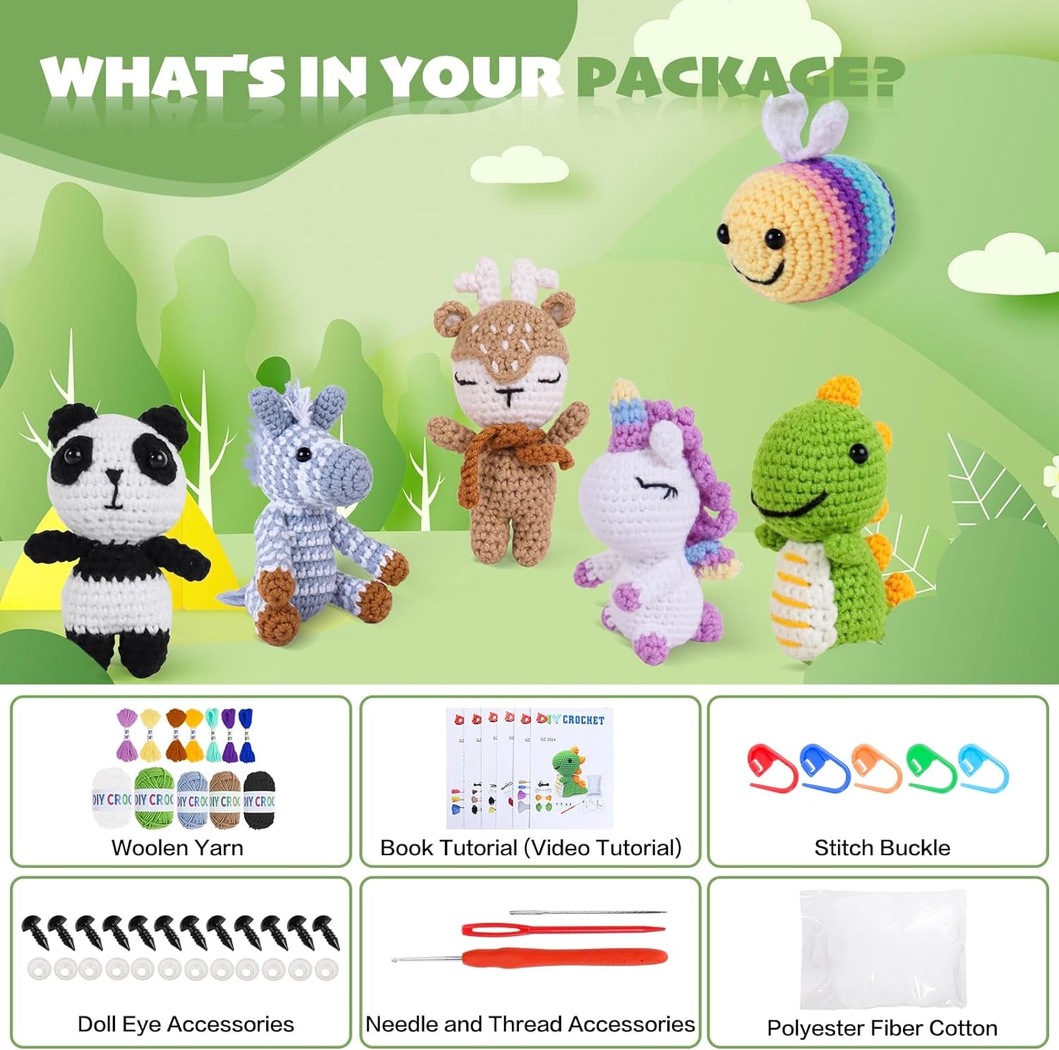 6PCS Crochet Kit for Beginners, Knitting Starter Pack for Adults and Kids，Amigurumi Crocheting Animals Kits with Step-By-Step Video Tutorials Dinosaur, Rainbow Bee,Unicorn，Elk, Panda or Zebra (A)