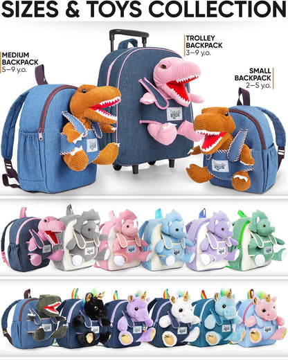 Medium Dinosaur Backpack - Dinosaur Toys for Kids 5-7 - Kids Backpack for Girls W Stuffed Animal - Gifts for 6 Year Old Boy - W Pockets & Reflective Logo - Backpack W Blue Triceratops