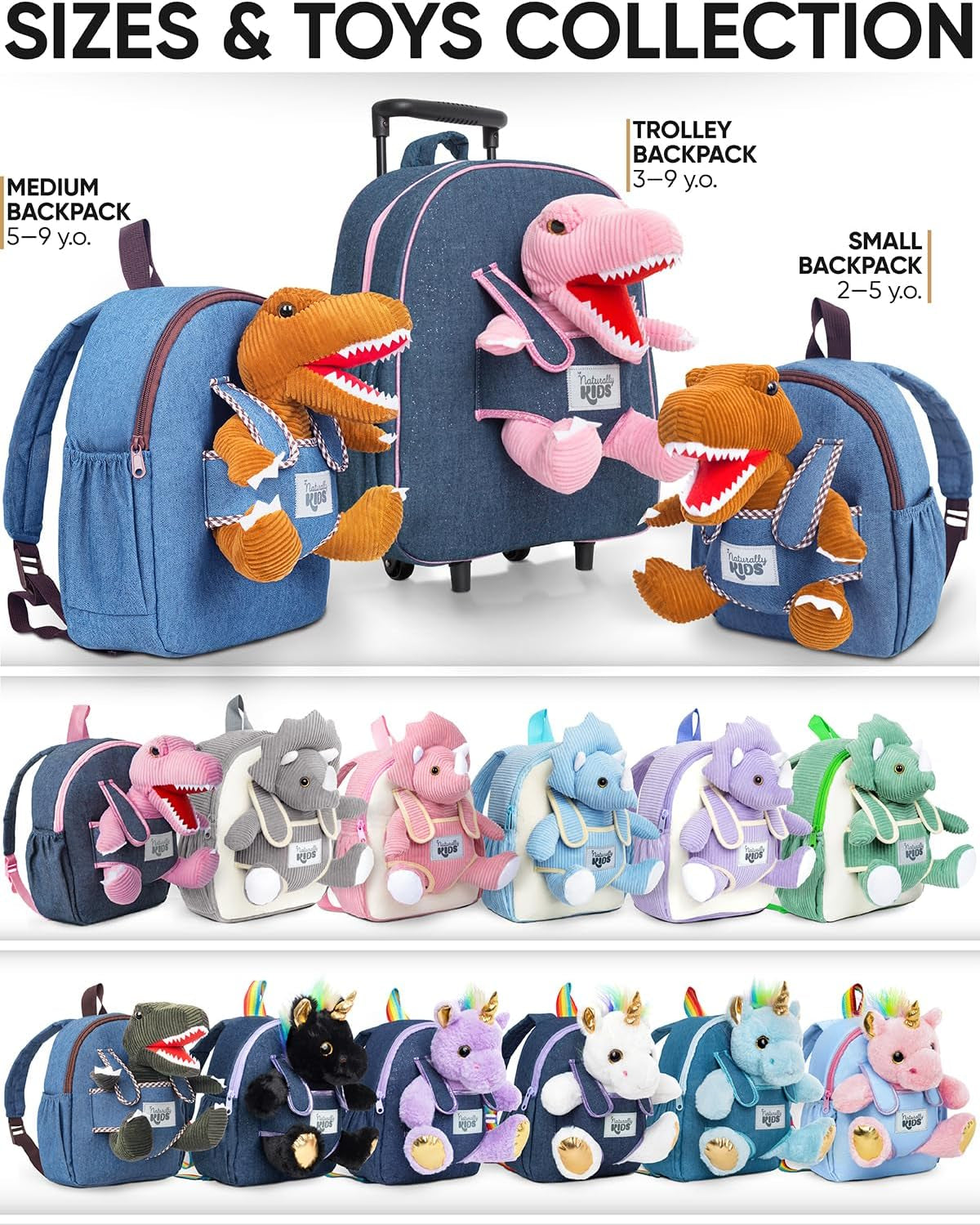 Dinosaur Backpack - Dinosaur Toys for Kids 3-5 - Kids Suitcase for Girl Boy W Stuffed Animal - Gifts for 7 Year Old - W Pockets & Reflective Logo - Rolling Backpack W Pink Triceratops