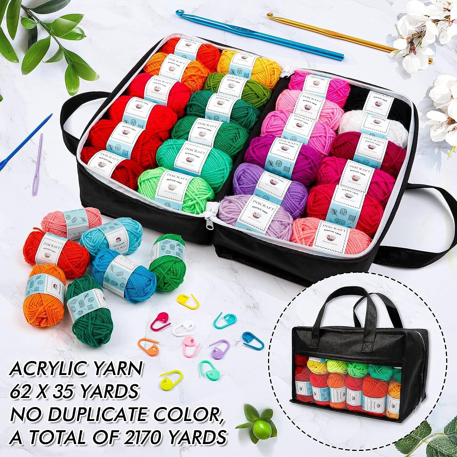 62 Acrylic Yarn Skeins, 2170 Yards Yarn for Knitting and Crochet, Includes 2 Crochet Hooks,2 Weaving Needles,10 Stitch Markers, Perfect Crochet Beginner Kit for for Adults Kids