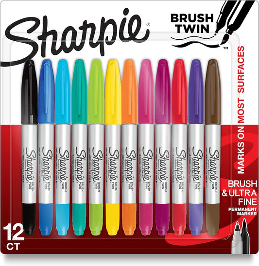 Brush Twin Permanent Markers, Brush Tip Marker and Ultra Fine Tip Marker, Assorted, 12 Count