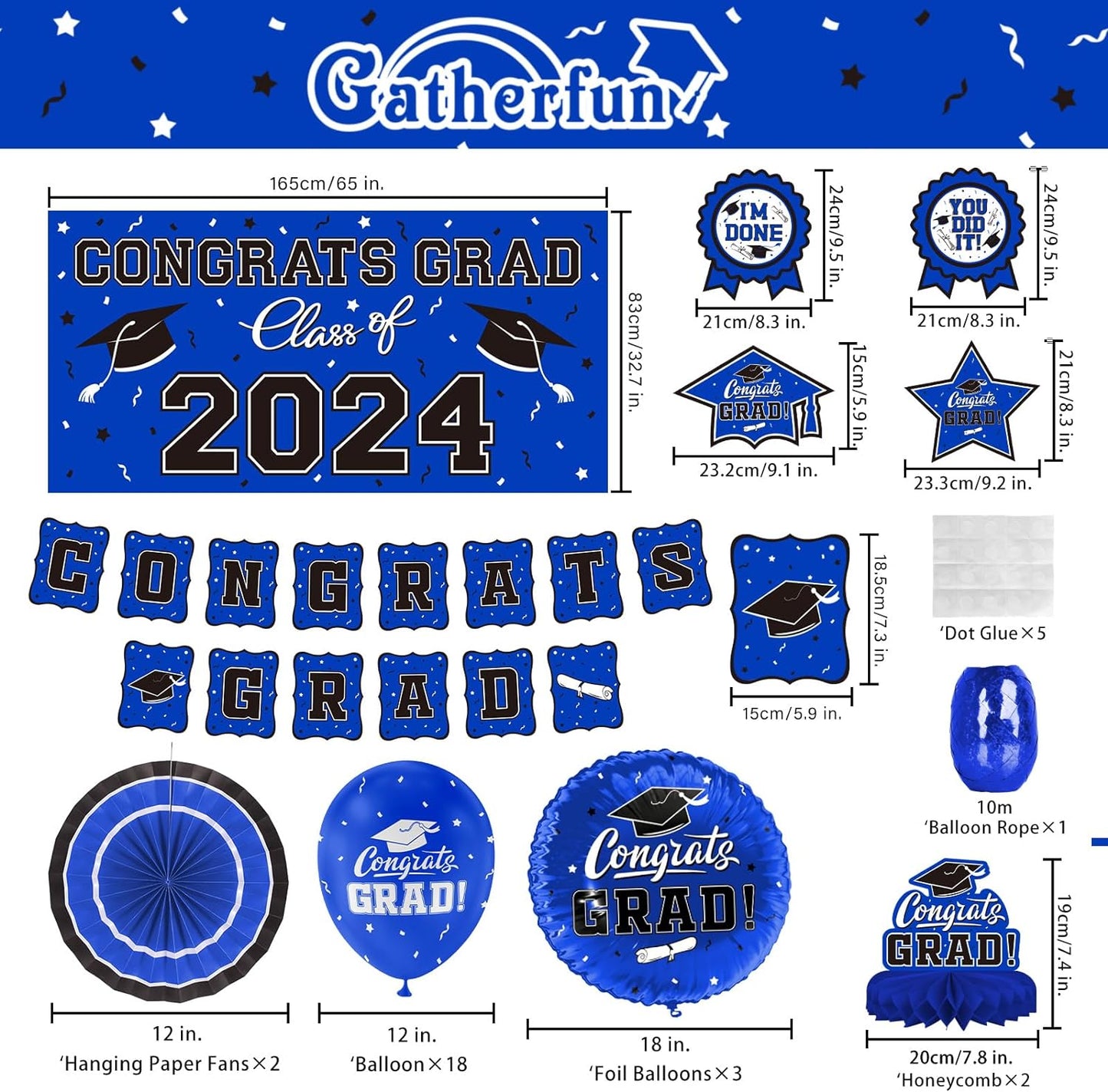 Blue Themed 2024 Graduation Decorations Set - Congrats Grad Banner, Class of 2024 Backdrop, Balloons & Streamers Kit - Complete Party Supplies for High School & College Celebrations