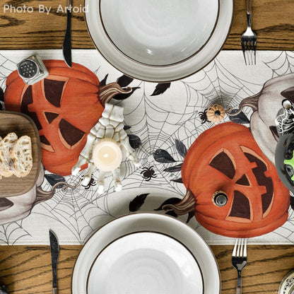 Pumpkins Spider Web Halloween Table Runner, Seasonal Fall Kitchen Dining Table Decoration for Home Party Decor 13X108 Inch