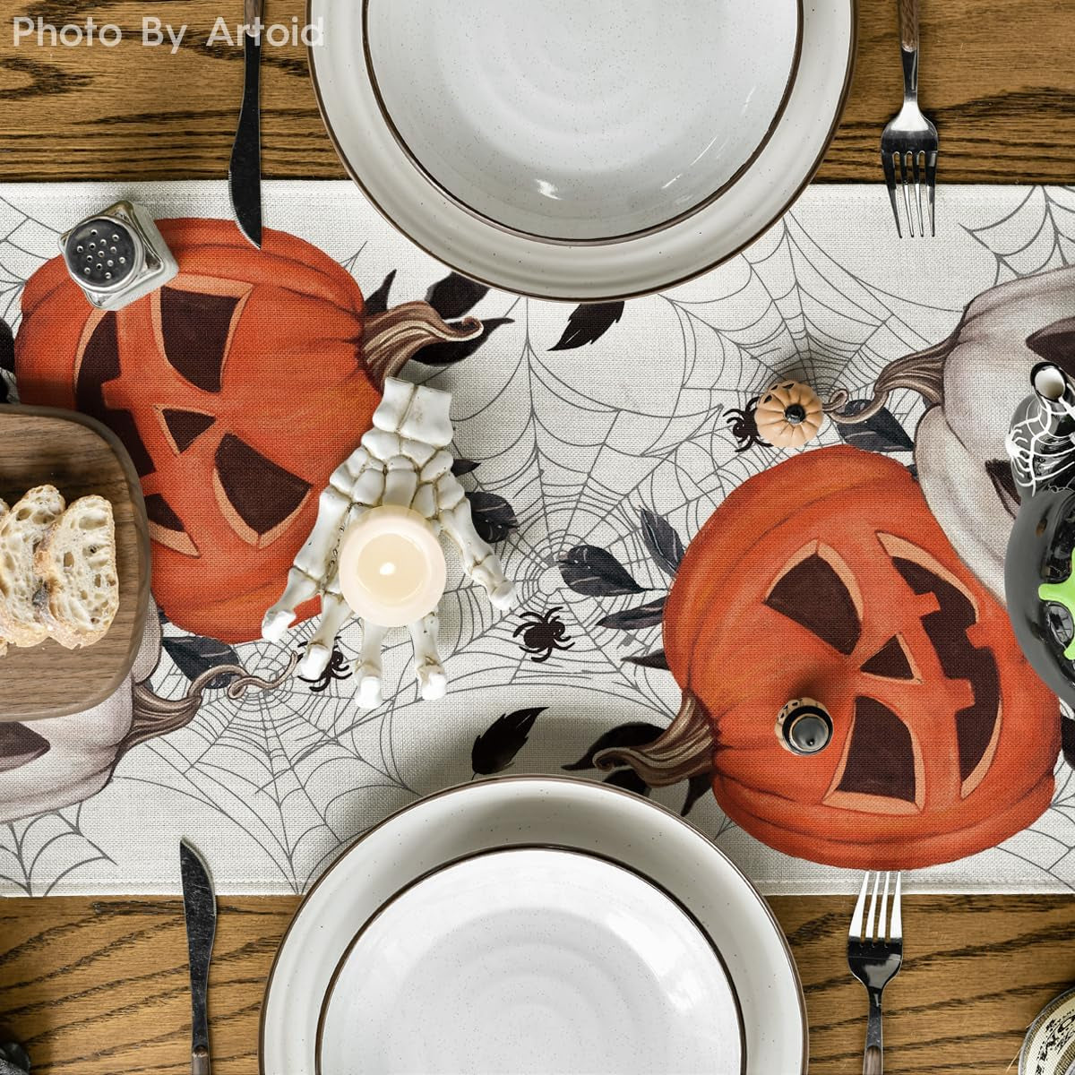 Black Pumpkins Spider Web Halloween Table Runner, Seasonal Fall Kitchen Dining Table Decoration for Home Party Decor 13X108 Inch