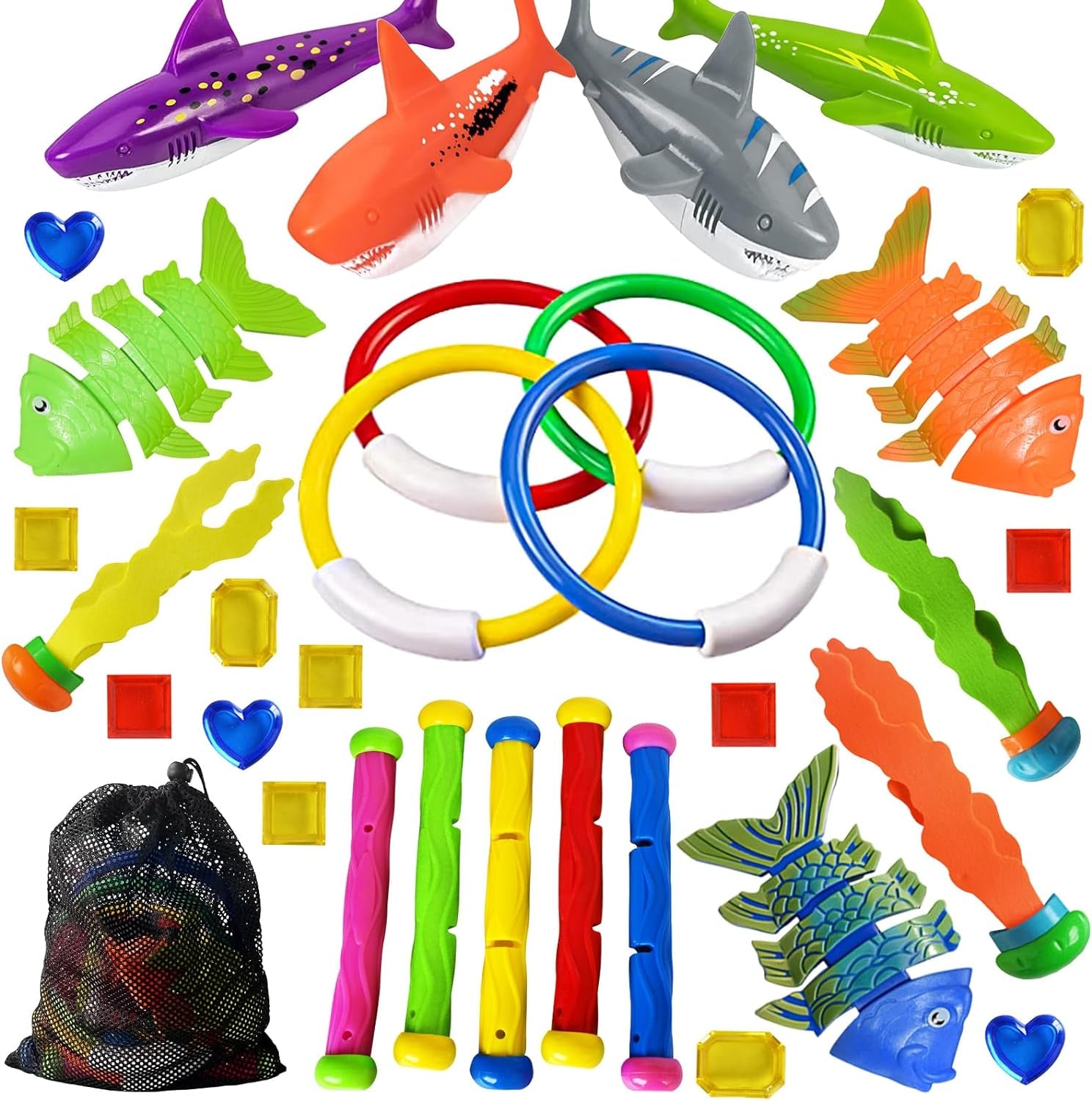 Pool Diving Toys Games - 31 PCS Swimming Pool Toys for Kids Teens with Diving Rings Dive Sticks Underwater Treasures Torpedo Bandits Fish Toys Etc Fun Water Swim Toys for Boys Girls Adults