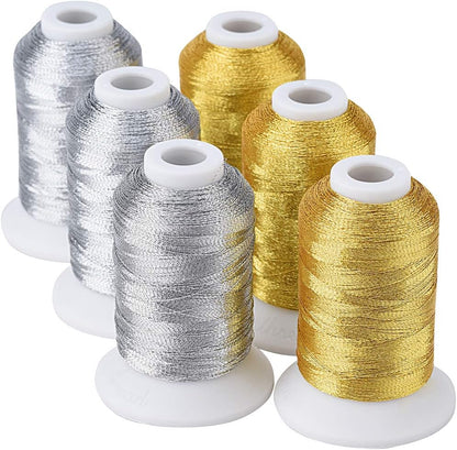 6 Spools Metallic Embroidery Machine Thread (3 Gold+ 3 Silver Colors) 500M(550Y) for Embroidery and Decorative Sewing